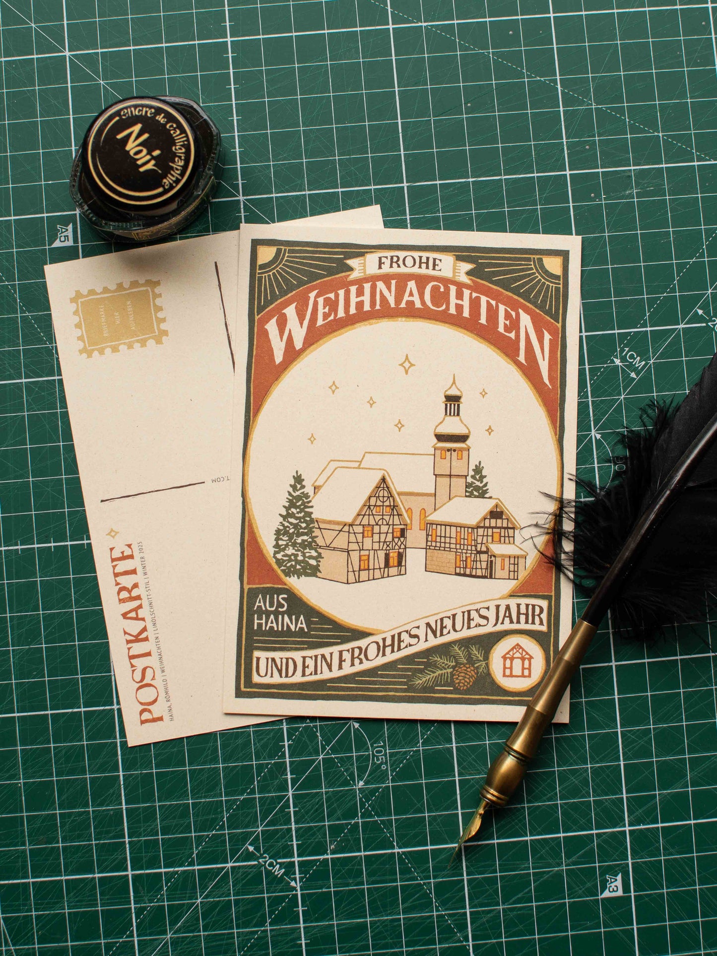 Weihnachtspostkarte aus Haina – Vintage-Design im Linolschnitt-Stil (Thüringen, DIN A6)