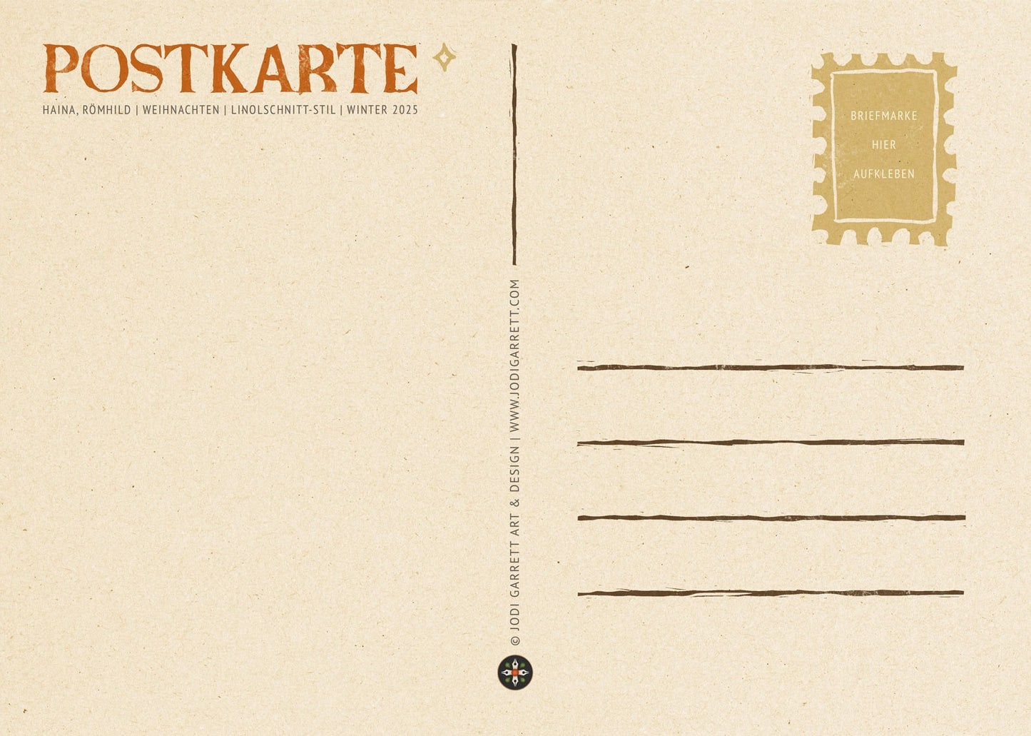 Weihnachtspostkarte aus Haina – Vintage-Design im Linolschnitt-Stil (Thüringen, DIN A6)