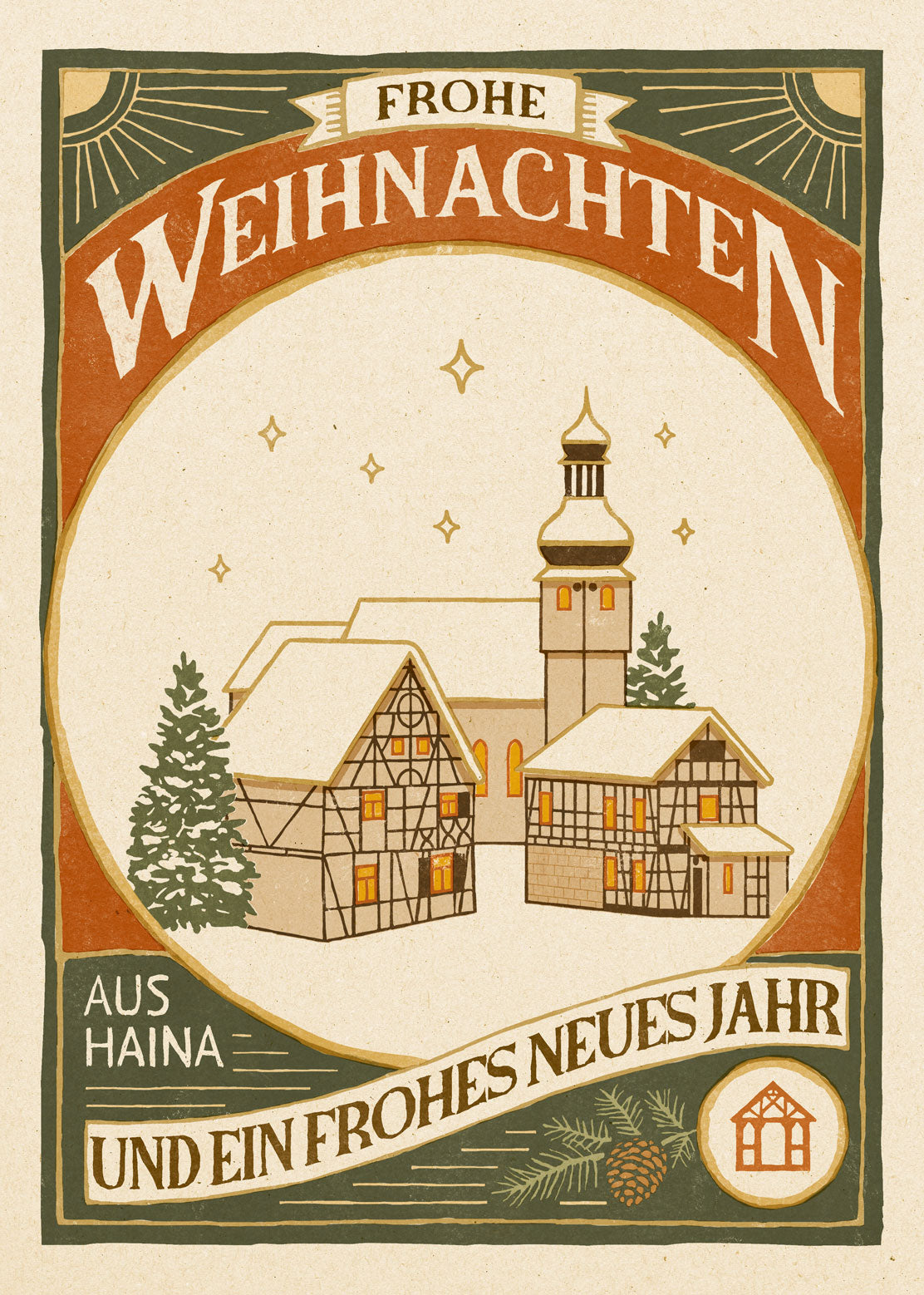 Weihnachtspostkarte aus Haina – Vintage-Design im Linolschnitt-Stil (Thüringen, DIN A6)