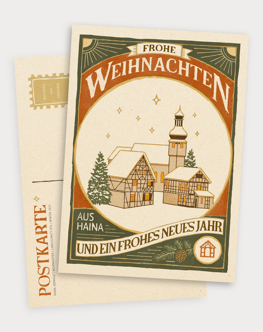 Weihnachtspostkarte aus Haina – Vintage-Design im Linolschnitt-Stil (Thüringen, DIN A6)