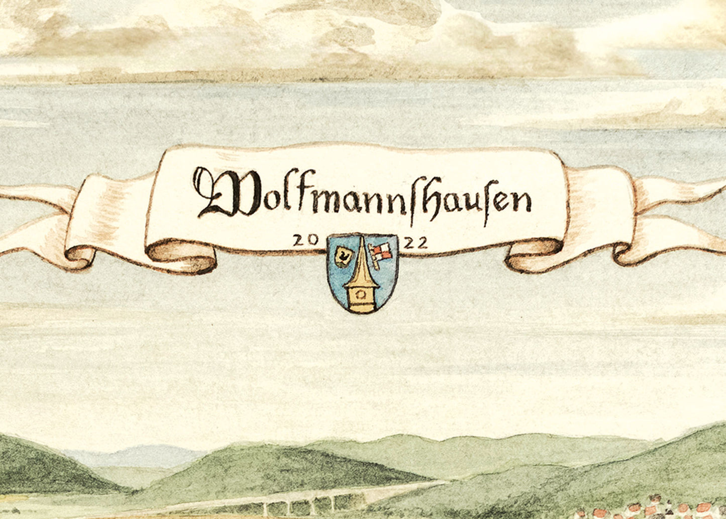 Wolfmannshausen Aquarell Kunstdruck – Mittelalterliches Dorfmotiv im Antik-Stil (20×30 cm / 20×15 cm)