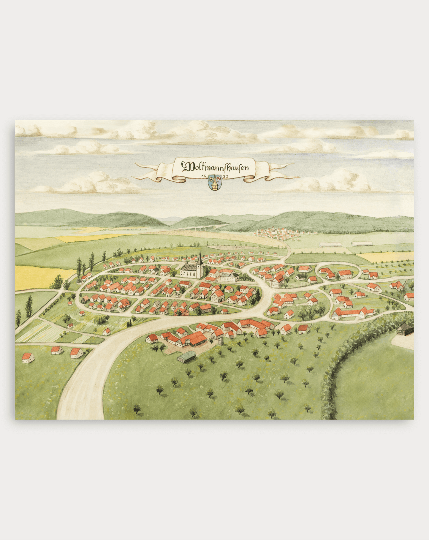 Wolfmannshausen Aquarell Kunstdruck – Mittelalterliches Dorfmotiv im Antik-Stil (20×30 cm / 20×15 cm)