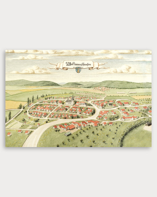 Wolfmannshausen Aquarell Kunstdruck – Mittelalterliches Dorfmotiv im Antik-Stil (20×30 cm / 20×15 cm)
