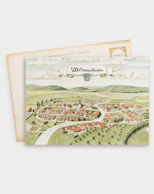 Wolfmannshausen Aquarell-Postkarte – Mittelalterliche Dorflandschaft im Antik-Stil (Thüringen, DIN A6)