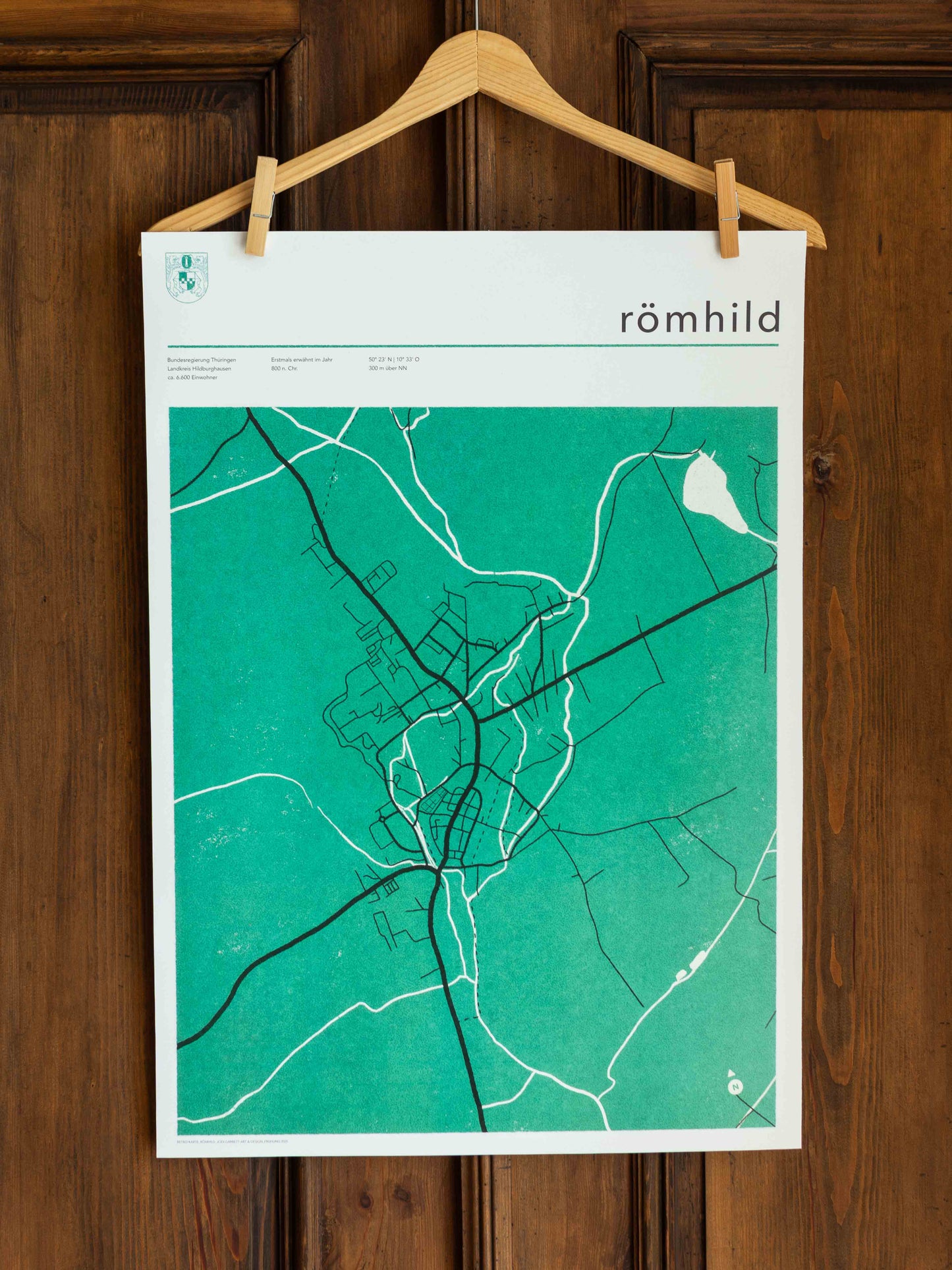 Römhild Stadtposter – A2 Karte mit Wappen und Stadtinfos im Retro-Stil (Thüringen)