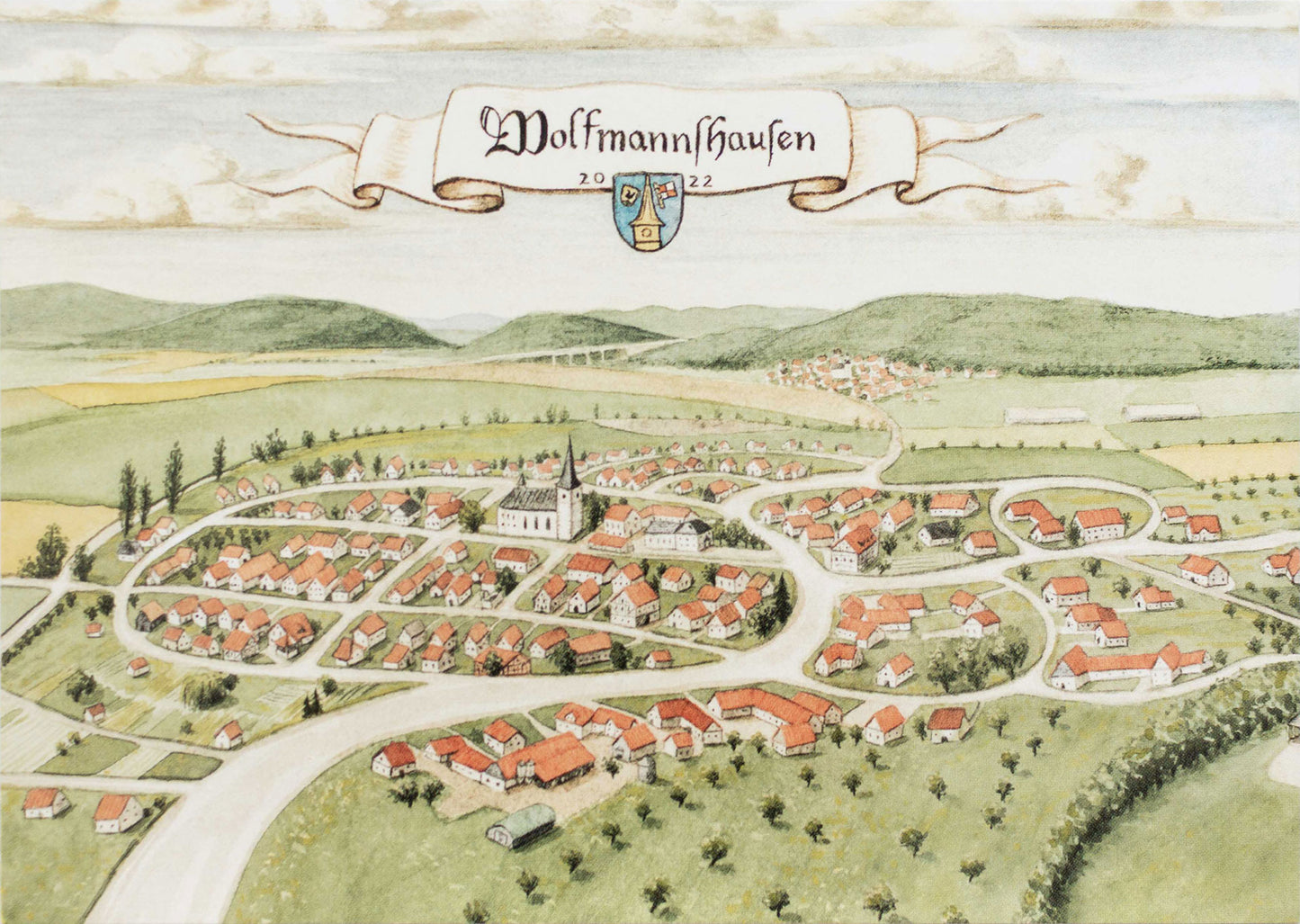 Wolfmannshausen Aquarell-Postkarte – Mittelalterliche Dorflandschaft im Antik-Stil (Thüringen, DIN A6)