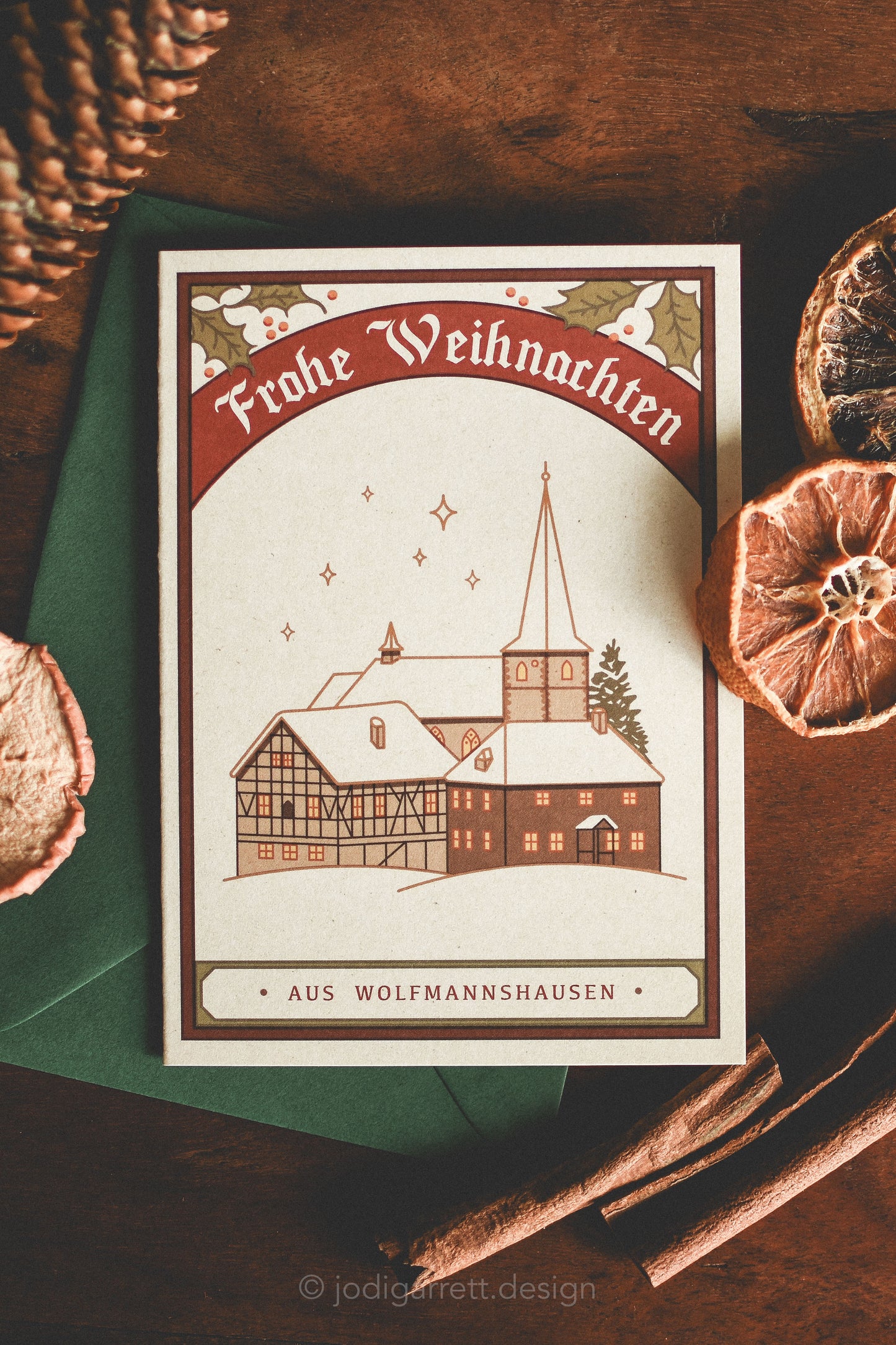 Weihnachtskarte aus Wolfmannshausen – Vintage-Design mit Dorfmotiv & Umschlag (DIN A6, Thüringen)